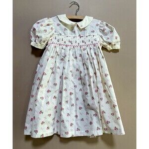 Vintage Bonnie Jean Girls Cotton Made In USA White Dress Size 5 Pink Flowers